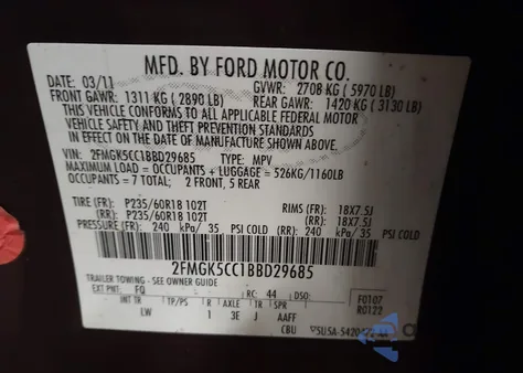 2011 Ford Flex Sel z USA, uszkodzony, nr VIN 2FMGK5CC1BBD29685